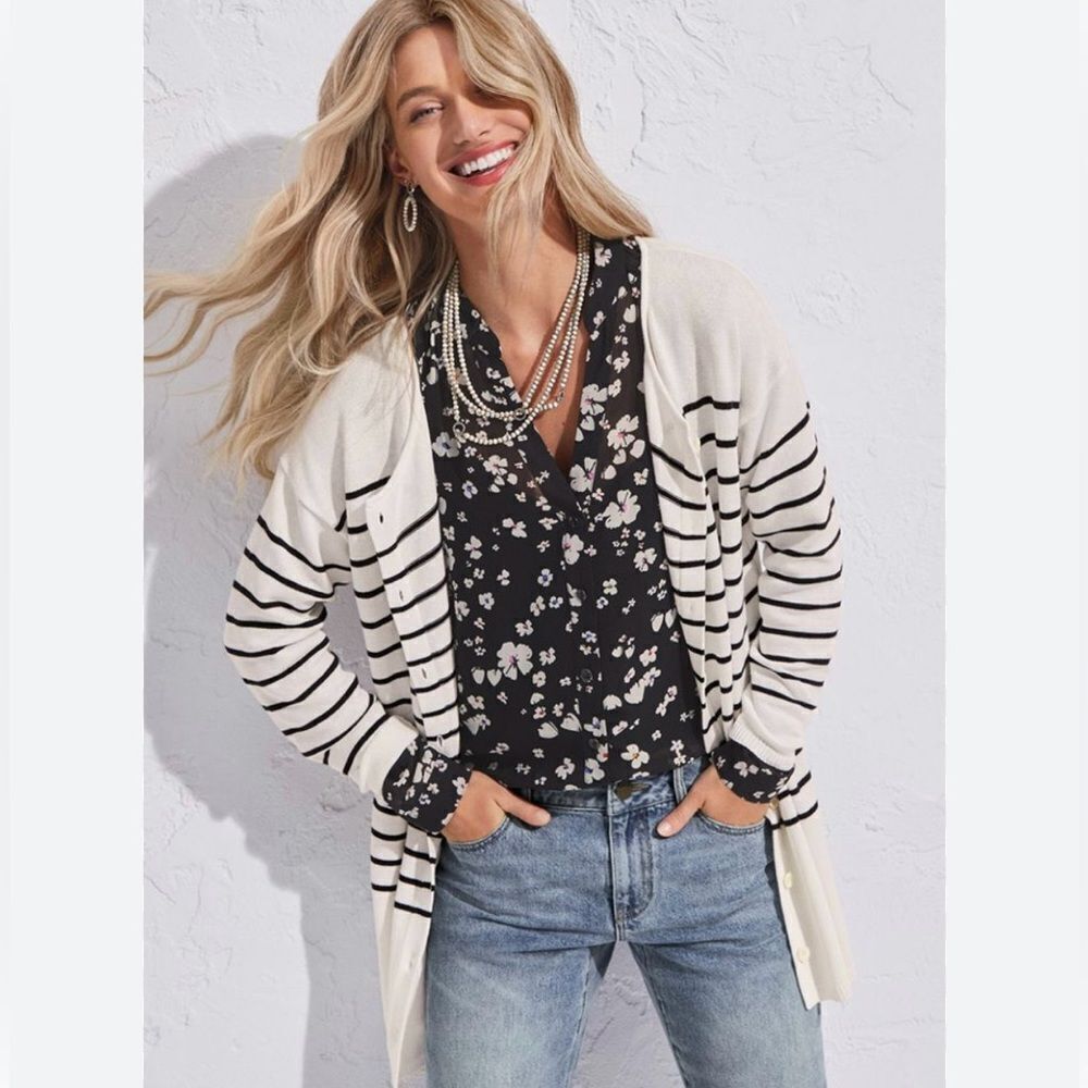 Cabi #6164 Turnabout White Black Striped Oversized Knit Tunic Cardigan Sweater
